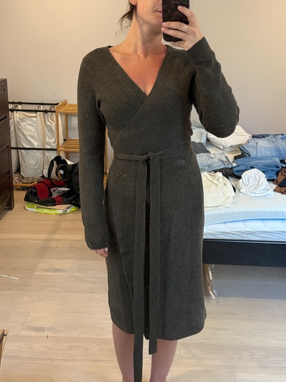 Abercrombie & Fitch Olive Wrap Midi Knit Dress